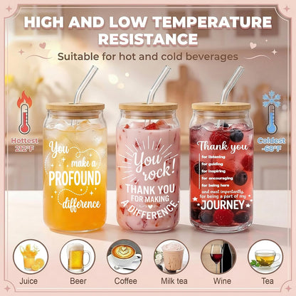 Glass Cups with Lids and Straws, 6Pcs, 16oz, Inspirational Awesome | Thank You For Being Cute Coquette Drinking Glasses Straws Tumbler for Women Girls Friend Bridesmaid Birthday Party Gifts