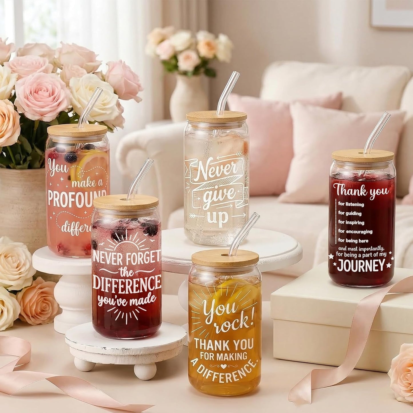 Glass Cups with Lids and Straws, 6Pcs, 16oz, Inspirational Awesome | Thank You For Being Cute Coquette Drinking Glasses Straws Tumbler for Women Girls Friend Bridesmaid Birthday Party Gifts