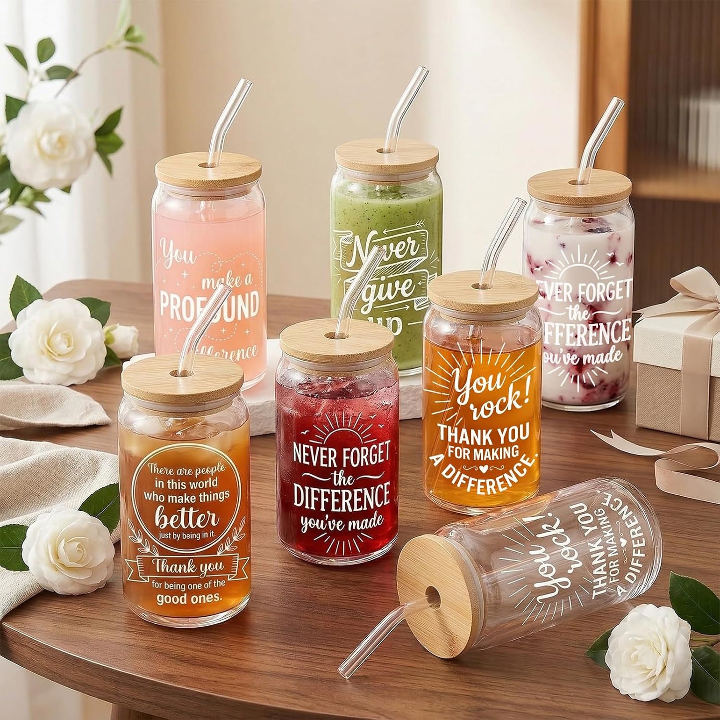Glass Cups with Lids and Straws, 6Pcs, 16oz, Inspirational Awesome | Thank You For Being Cute Coquette Drinking Glasses Straws Tumbler for Women Girls Friend Bridesmaid Birthday Party Gifts