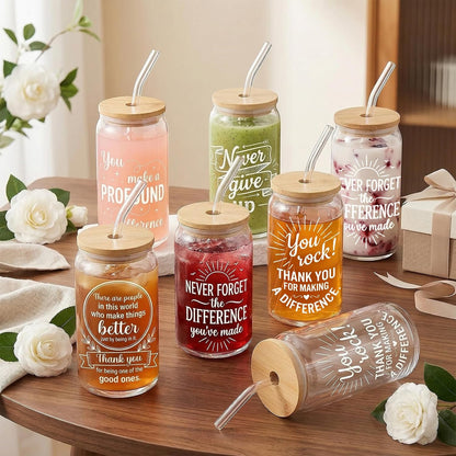 Glass Cups with Lids and Straws, 6Pcs, 16oz, Inspirational Awesome | Thank You For Being Cute Coquette Drinking Glasses Straws Tumbler for Women Girls Friend Bridesmaid Birthday Party Gifts