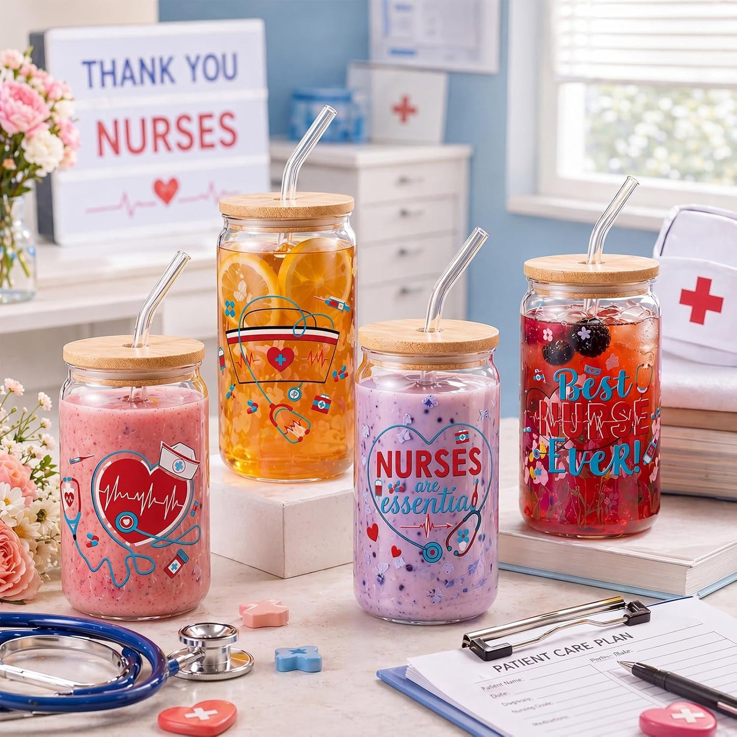 Glass Cups with Lids and Straws, 6Pcs, 16oz, Inspirational Awesome | Thank You For Being Cute Coquette Drinking Glasses Straws Tumbler for Women Girls Friend Bridesmaid Birthday Party Gifts
