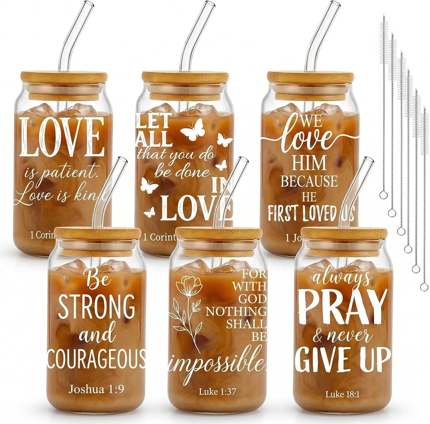 Glass Cups with Lids and Straws, 6Pcs, 16oz, Inspirational Awesome | Thank You For Being Cute Coquette Drinking Glasses Straws Tumbler for Women Girls Friend Bridesmaid Birthday Party Gifts
