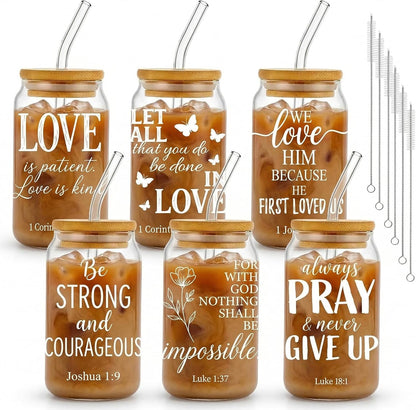 Glass Cups with Lids and Straws, 6Pcs, 16oz, Inspirational Awesome | Thank You For Being Cute Coquette Drinking Glasses Straws Tumbler for Women Girls Friend Bridesmaid Birthday Party Gifts