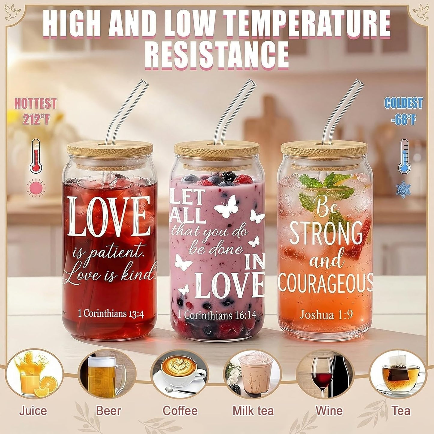 Glass Cups with Lids and Straws, 6Pcs, 16oz, Inspirational Awesome | Thank You For Being Cute Coquette Drinking Glasses Straws Tumbler for Women Girls Friend Bridesmaid Birthday Party Gifts