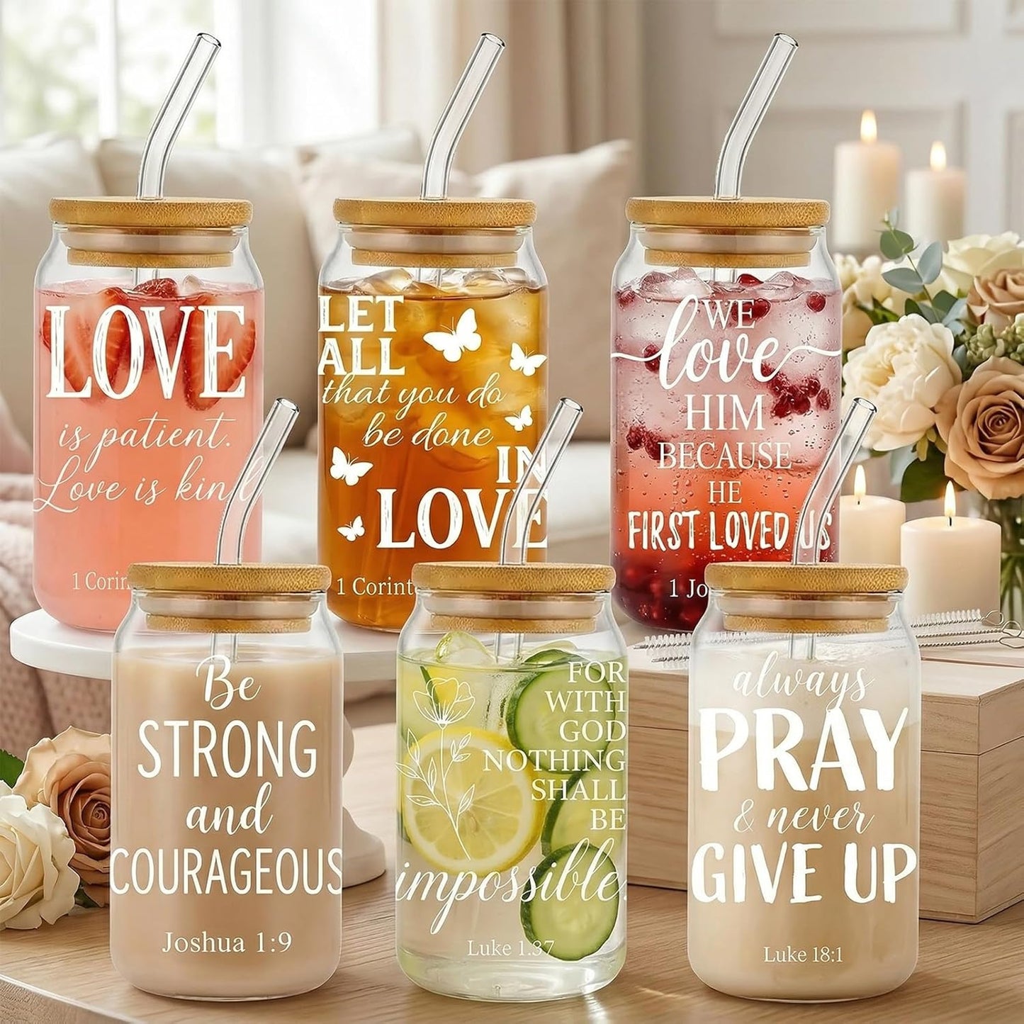 Glass Cups with Lids and Straws, 6Pcs, 16oz, Inspirational Awesome | Thank You For Being Cute Coquette Drinking Glasses Straws Tumbler for Women Girls Friend Bridesmaid Birthday Party Gifts