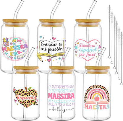 Glass Cups with Lids and Straws, 6Pcs, 16oz, Inspirational Awesome | Thank You For Being Cute Coquette Drinking Glasses Straws Tumbler for Women Girls Friend Bridesmaid Birthday Party Gifts