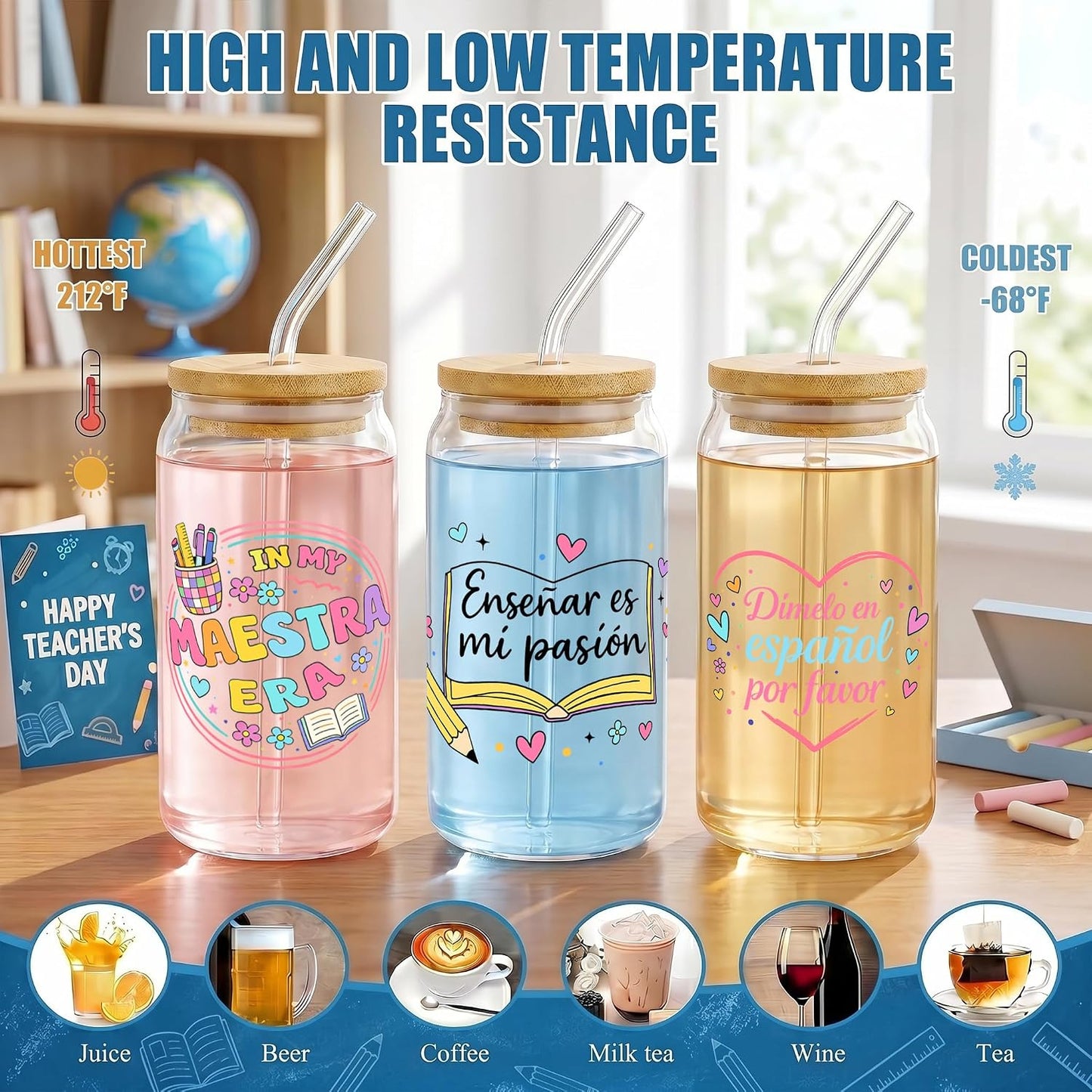 Glass Cups with Lids and Straws, 6Pcs, 16oz, Inspirational Awesome | Thank You For Being Cute Coquette Drinking Glasses Straws Tumbler for Women Girls Friend Bridesmaid Birthday Party Gifts