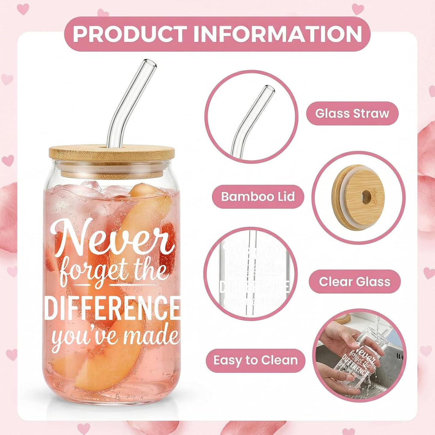 Glass Cups with Lids and Straws, 6Pcs, 16oz, Inspirational Awesome | Thank You For Being Cute Coquette Drinking Glasses Straws Tumbler for Women Girls Friend Bridesmaid Birthday Party Gifts