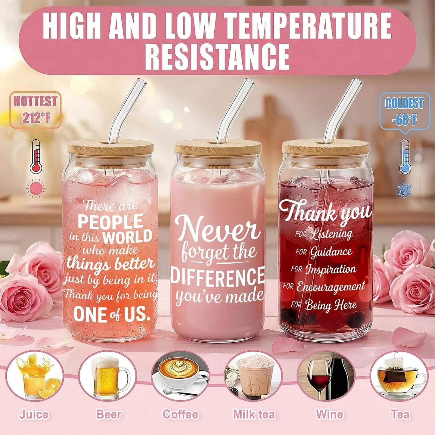 Glass Cups with Lids and Straws, 6Pcs, 16oz, Inspirational Awesome | Thank You For Being Cute Coquette Drinking Glasses Straws Tumbler for Women Girls Friend Bridesmaid Birthday Party Gifts