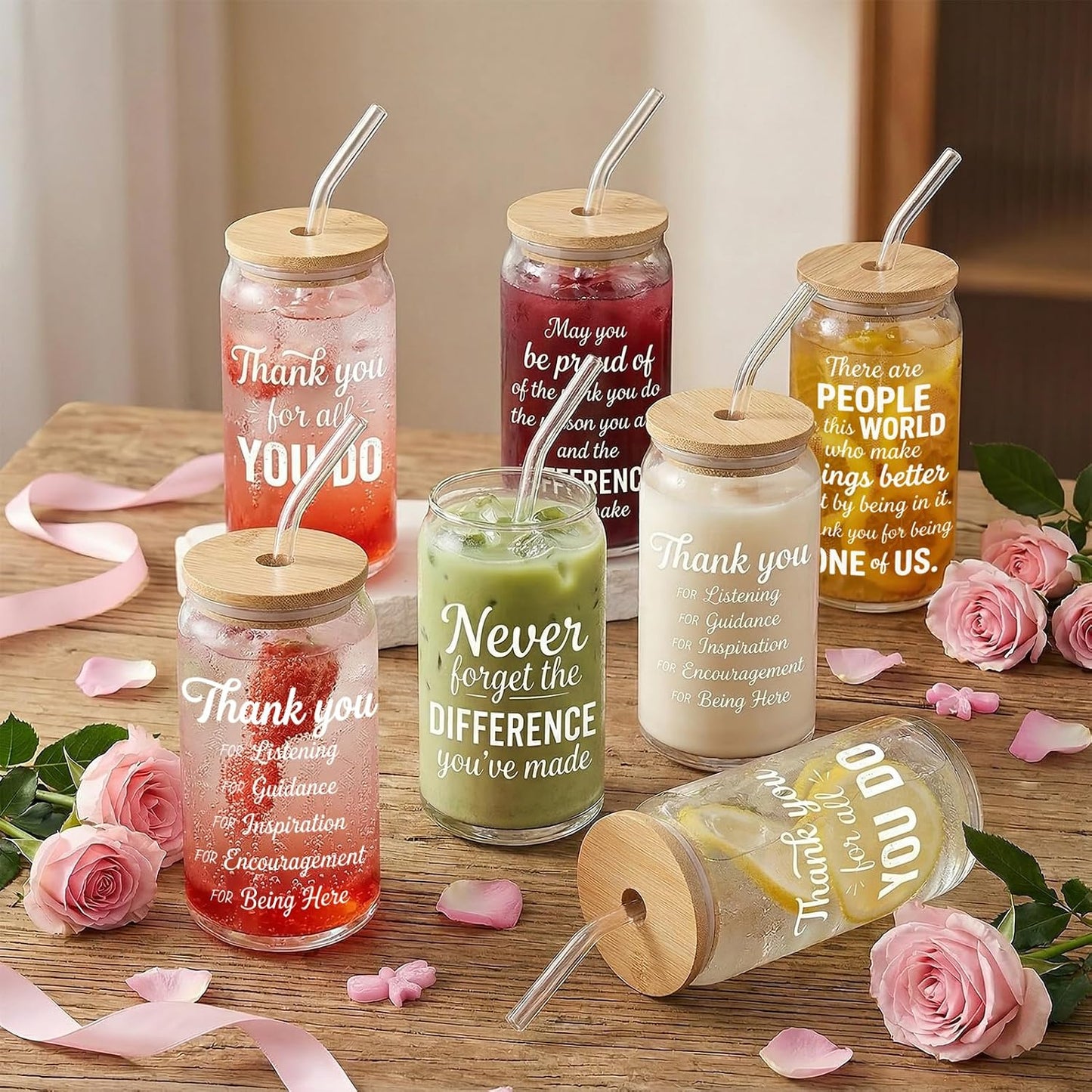Glass Cups with Lids and Straws, 6Pcs, 16oz, Inspirational Awesome | Thank You For Being Cute Coquette Drinking Glasses Straws Tumbler for Women Girls Friend Bridesmaid Birthday Party Gifts