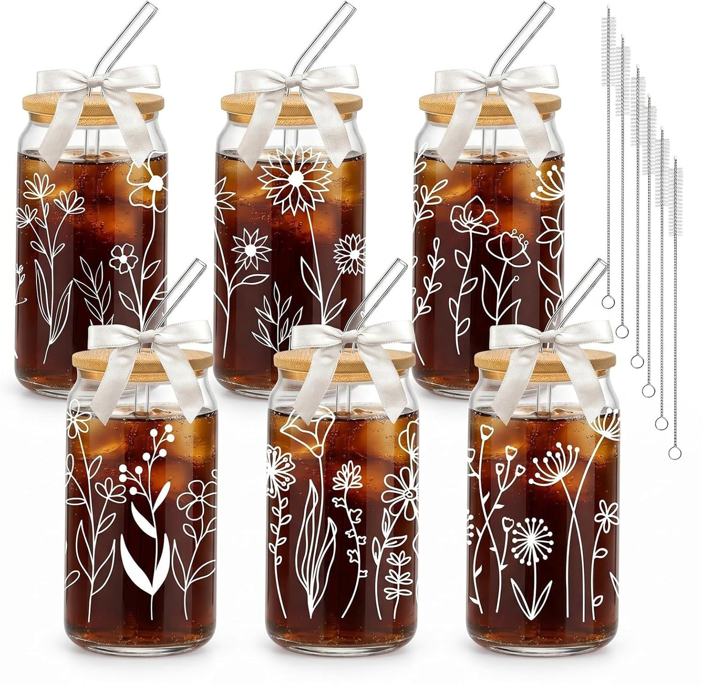 Glass Cups with Lids and Straws, 6Pcs, 16oz, Inspirational Awesome | Thank You For Being Cute Coquette Drinking Glasses Straws Tumbler for Women Girls Friend Bridesmaid Birthday Party Gifts