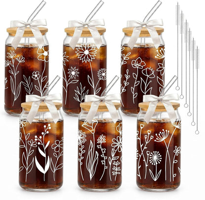 Glass Cups with Lids and Straws, 6Pcs, 16oz, Inspirational Awesome | Thank You For Being Cute Coquette Drinking Glasses Straws Tumbler for Women Girls Friend Bridesmaid Birthday Party Gifts