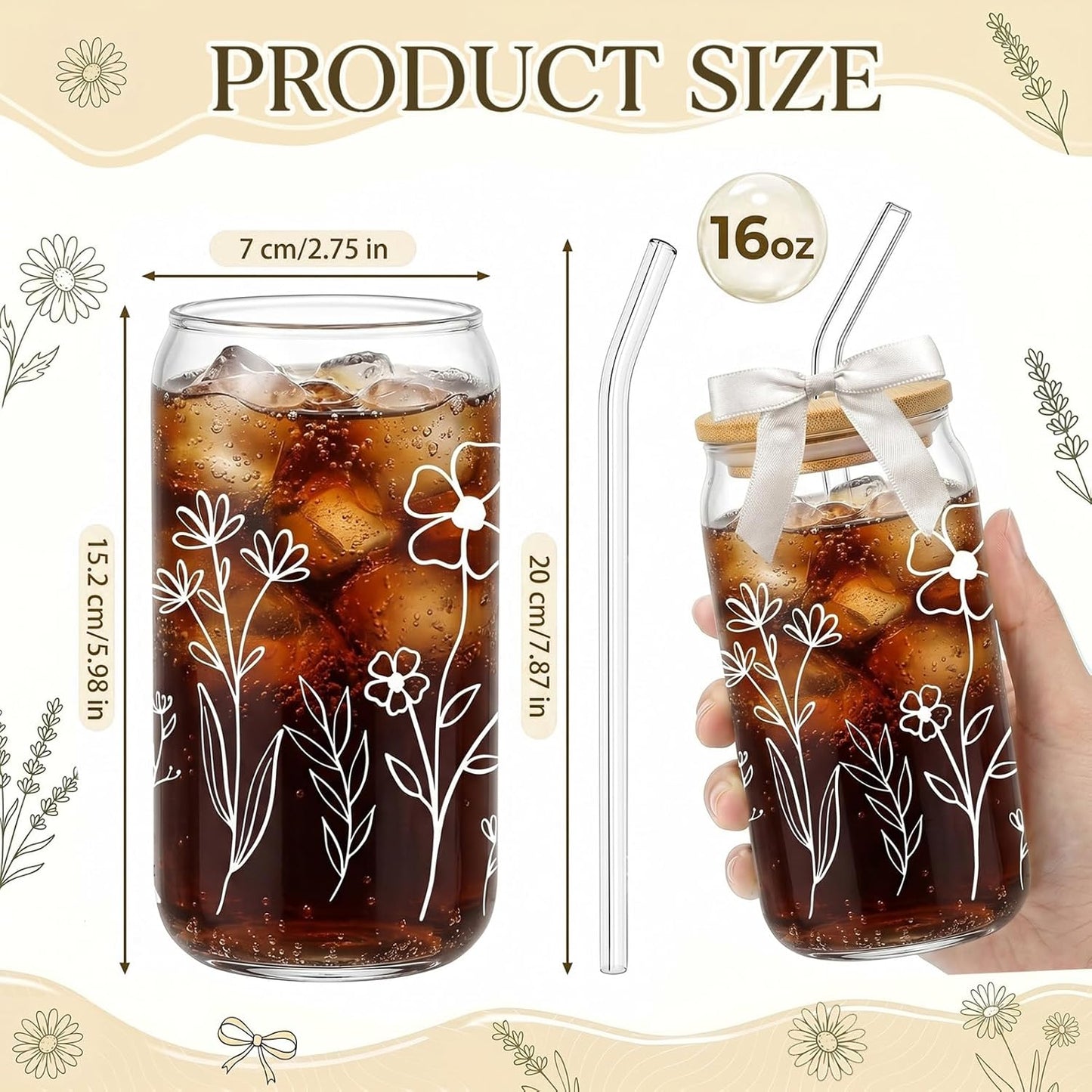 Glass Cups with Lids and Straws, 6Pcs, 16oz, Inspirational Awesome | Thank You For Being Cute Coquette Drinking Glasses Straws Tumbler for Women Girls Friend Bridesmaid Birthday Party Gifts