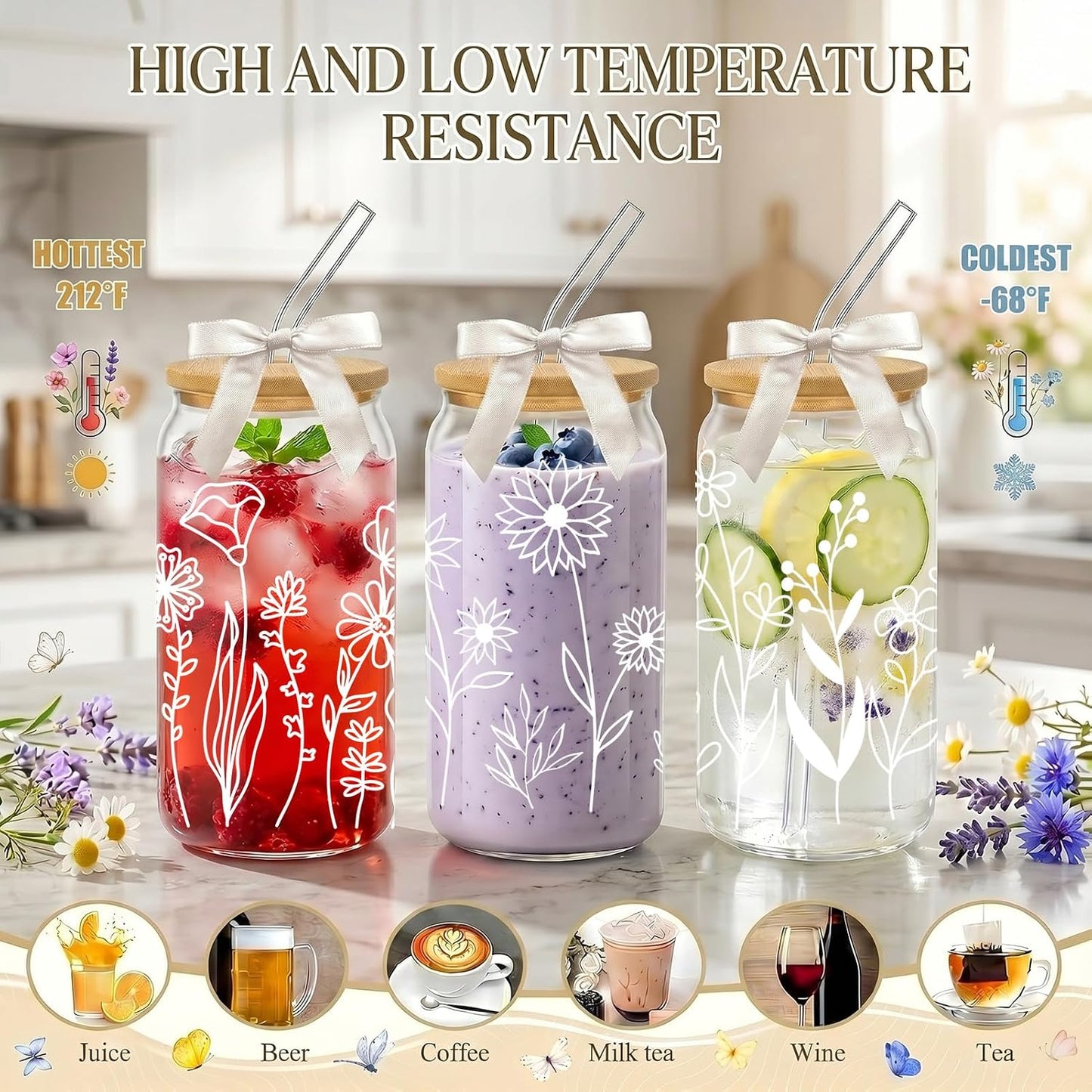 Glass Cups with Lids and Straws, 6Pcs, 16oz, Inspirational Awesome | Thank You For Being Cute Coquette Drinking Glasses Straws Tumbler for Women Girls Friend Bridesmaid Birthday Party Gifts