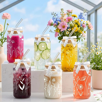 Glass Cups with Lids and Straws, 6Pcs, 16oz, Inspirational Awesome | Thank You For Being Cute Coquette Drinking Glasses Straws Tumbler for Women Girls Friend Bridesmaid Birthday Party Gifts