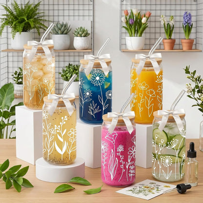 Glass Cups with Lids and Straws, 6Pcs, 16oz, Inspirational Awesome | Thank You For Being Cute Coquette Drinking Glasses Straws Tumbler for Women Girls Friend Bridesmaid Birthday Party Gifts