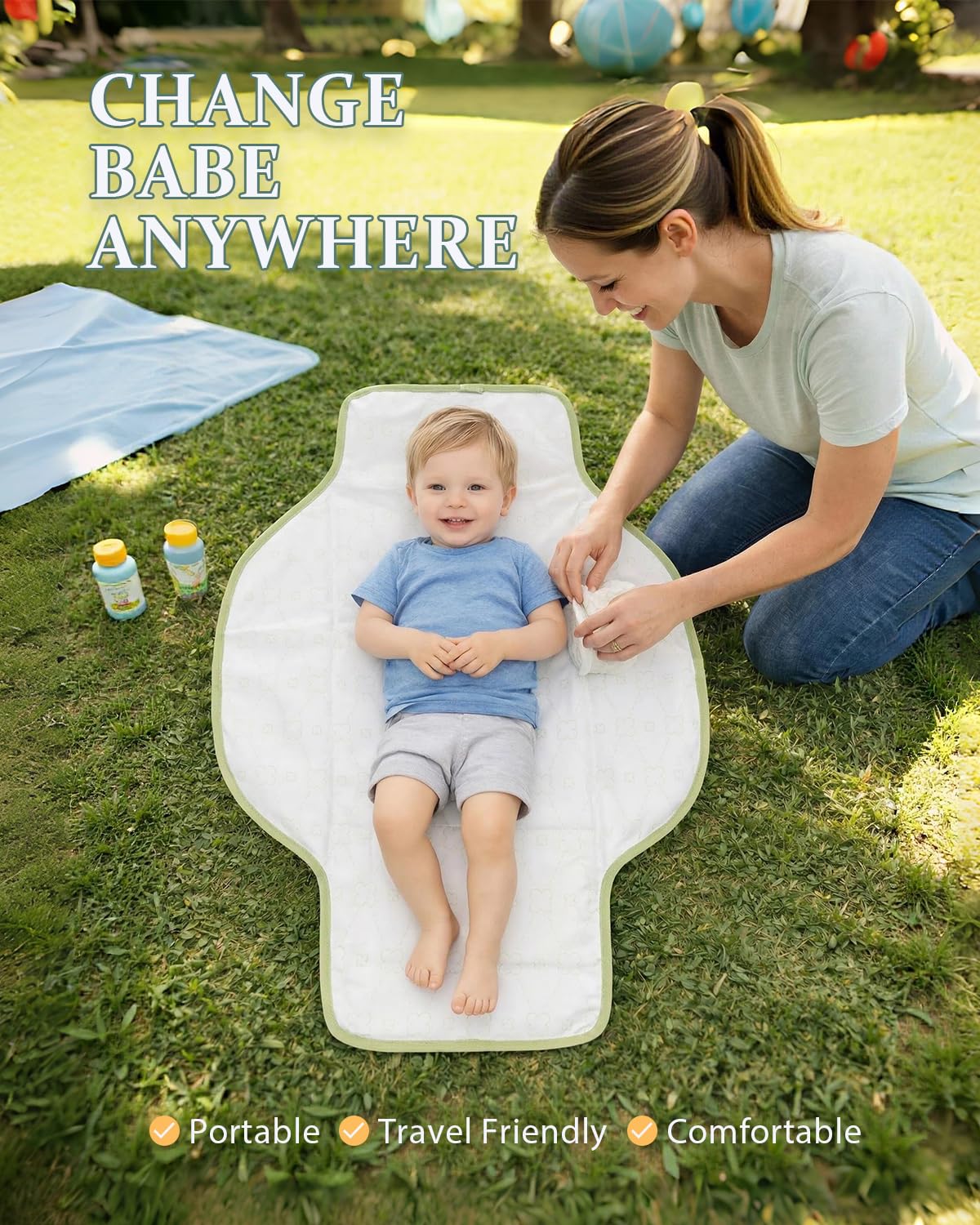 Portable Diaper Changing Pad - Waterproof Travel Changing Mat with Built-in Pillow, Gifts for Baby Shower, Newborn Girls & Boys（Sage Checkers）