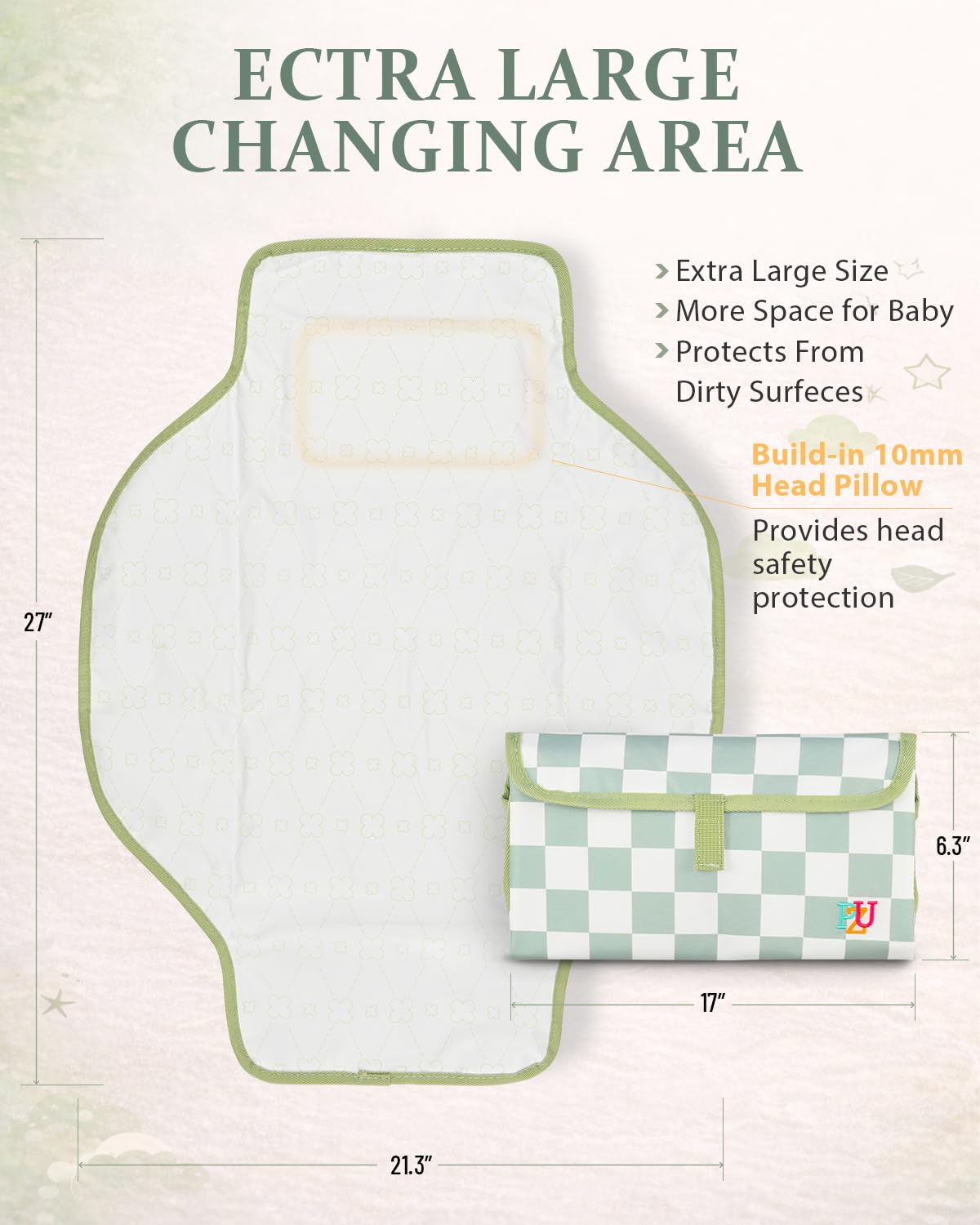 Portable Diaper Changing Pad - Waterproof Travel Changing Mat with Built-in Pillow, Gifts for Baby Shower, Newborn Girls & Boys（Sage Checkers）