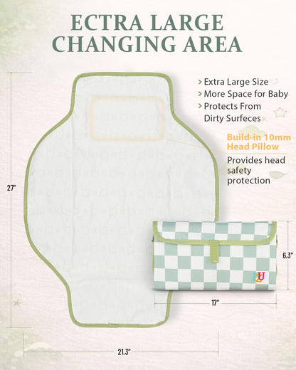 Portable Diaper Changing Pad - Waterproof Travel Changing Mat with Built-in Pillow, Gifts for Baby Shower, Newborn Girls & Boys（Sage Checkers）