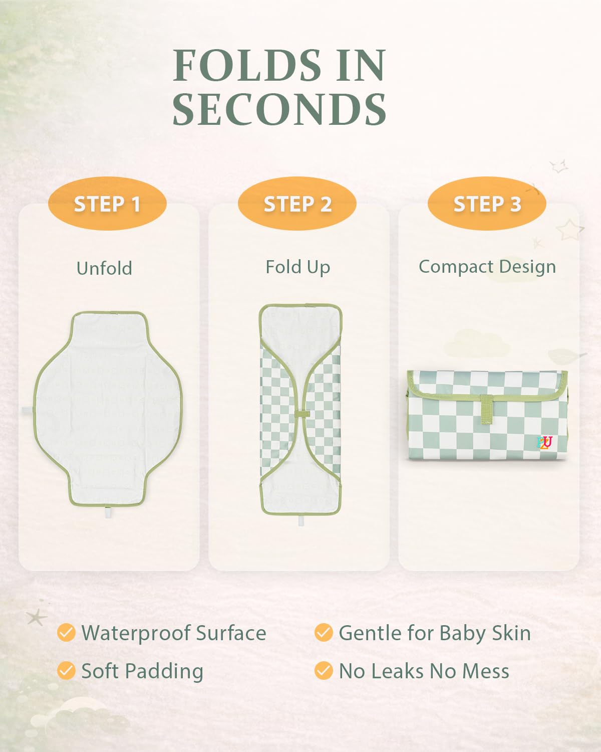 Portable Diaper Changing Pad - Waterproof Travel Changing Mat with Built-in Pillow, Gifts for Baby Shower, Newborn Girls & Boys（Sage Checkers）