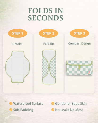 Portable Diaper Changing Pad - Waterproof Travel Changing Mat with Built-in Pillow, Gifts for Baby Shower, Newborn Girls & Boys（Sage Checkers）