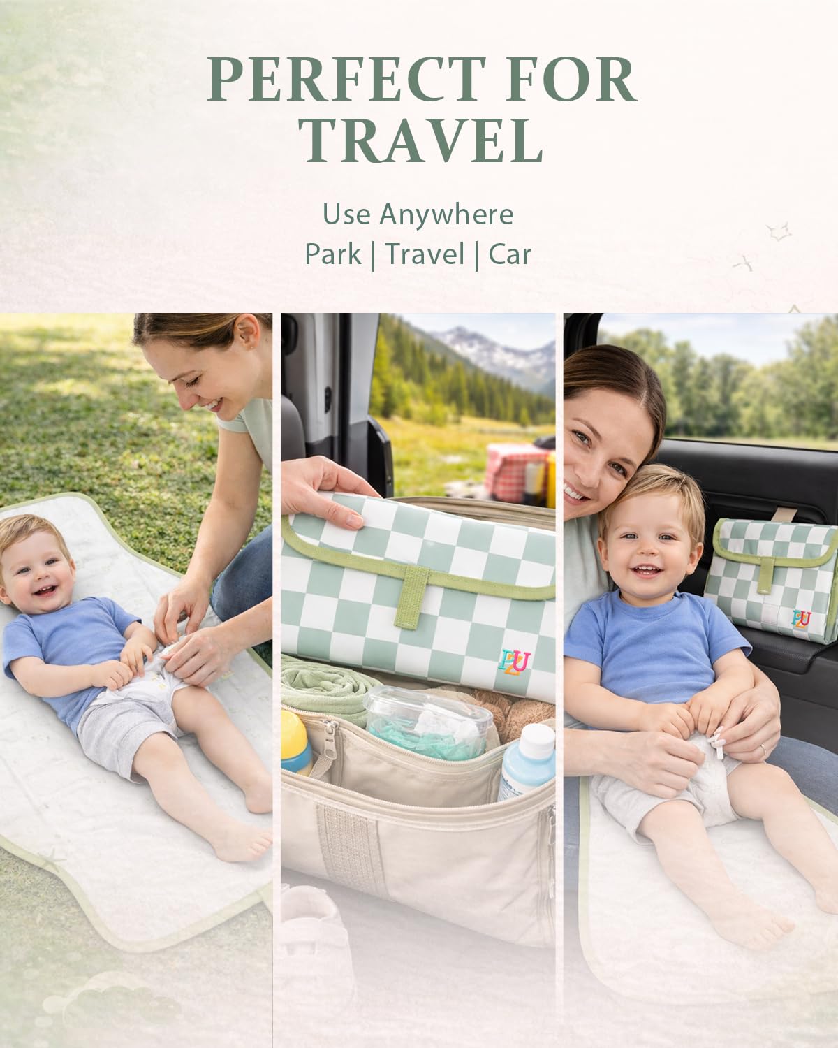 Portable Diaper Changing Pad - Waterproof Travel Changing Mat with Built-in Pillow, Gifts for Baby Shower, Newborn Girls & Boys（Sage Checkers）