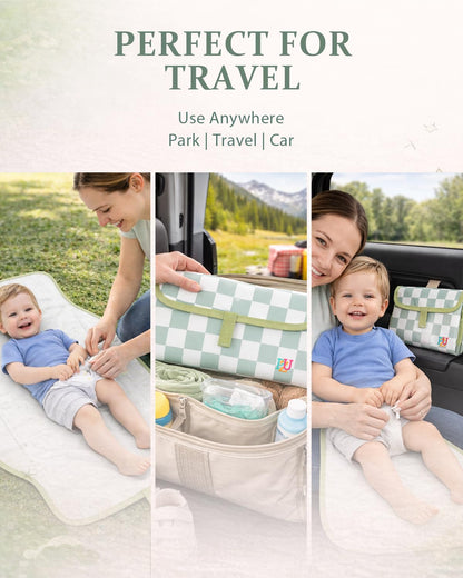 Portable Diaper Changing Pad - Waterproof Travel Changing Mat with Built-in Pillow, Gifts for Baby Shower, Newborn Girls & Boys（Sage Checkers）