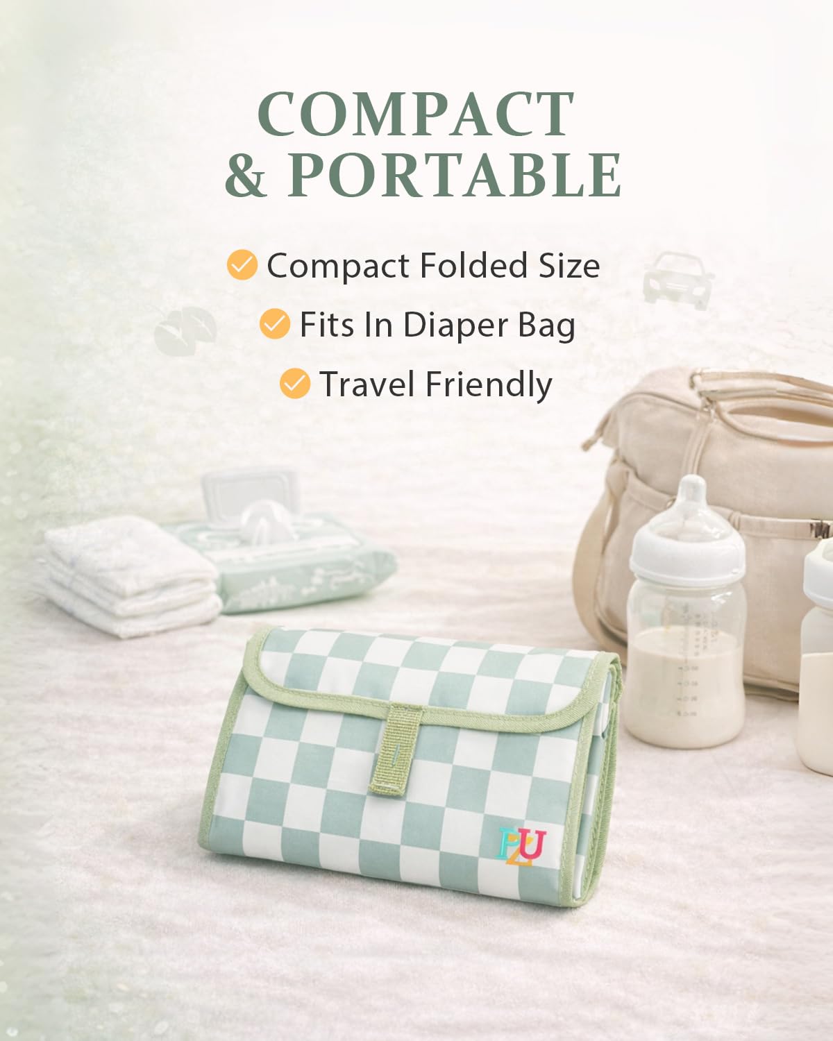 Portable Diaper Changing Pad - Waterproof Travel Changing Mat with Built-in Pillow, Gifts for Baby Shower, Newborn Girls & Boys（Sage Checkers）
