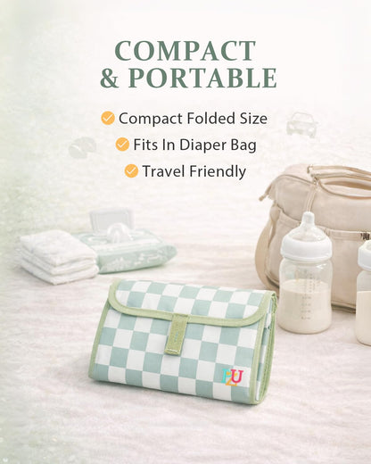 Portable Diaper Changing Pad - Waterproof Travel Changing Mat with Built-in Pillow, Gifts for Baby Shower, Newborn Girls & Boys（Sage Checkers）