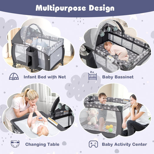 Pack and Play with Bassinet, 4-in-1 Portable Baby Playard with Changing Table, Net & Cute Toys, Diaper Storage Bag, Music Box, Wheels with Brake, Foldable Newborn Play Yard w/Carry Bag