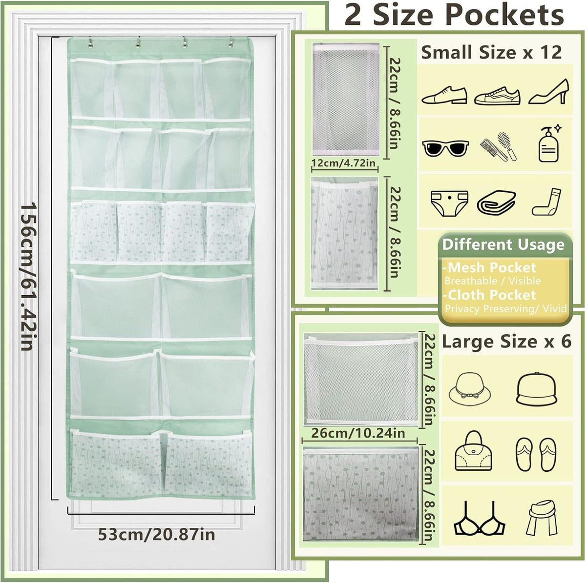2 Pack-18 Pocekts Over the Door Shoes Organizer,Behind Door Hanging Storage Pocekt for Sock,Underwear,Hat,Handbag,Back of Door Hanging Shelf for Bedroom,Bathroom,Entryway,Storeroom,Pantry,Dorm,Nursery