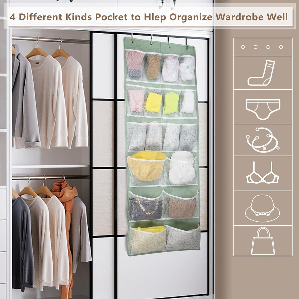 2 Pack-18 Pocekts Over the Door Shoes Organizer,Behind Door Hanging Storage Pocekt for Sock,Underwear,Hat,Handbag,Back of Door Hanging Shelf for Bedroom,Bathroom,Entryway,Storeroom,Pantry,Dorm,Nursery