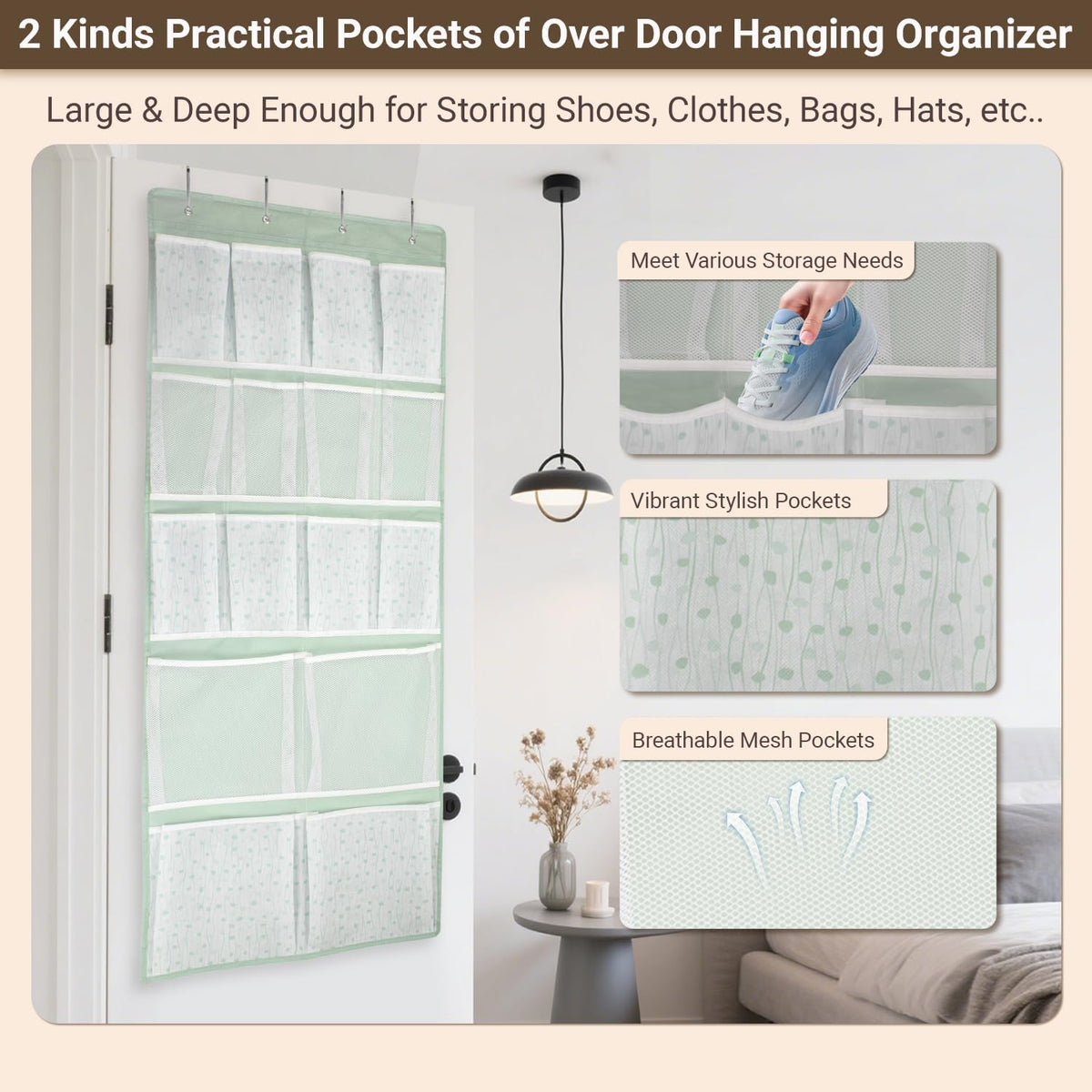 2 Pack-18 Pocekts Over the Door Shoes Organizer,Behind Door Hanging Storage Pocekt for Sock,Underwear,Hat,Handbag,Back of Door Hanging Shelf for Bedroom,Bathroom,Entryway,Storeroom,Pantry,Dorm,Nursery