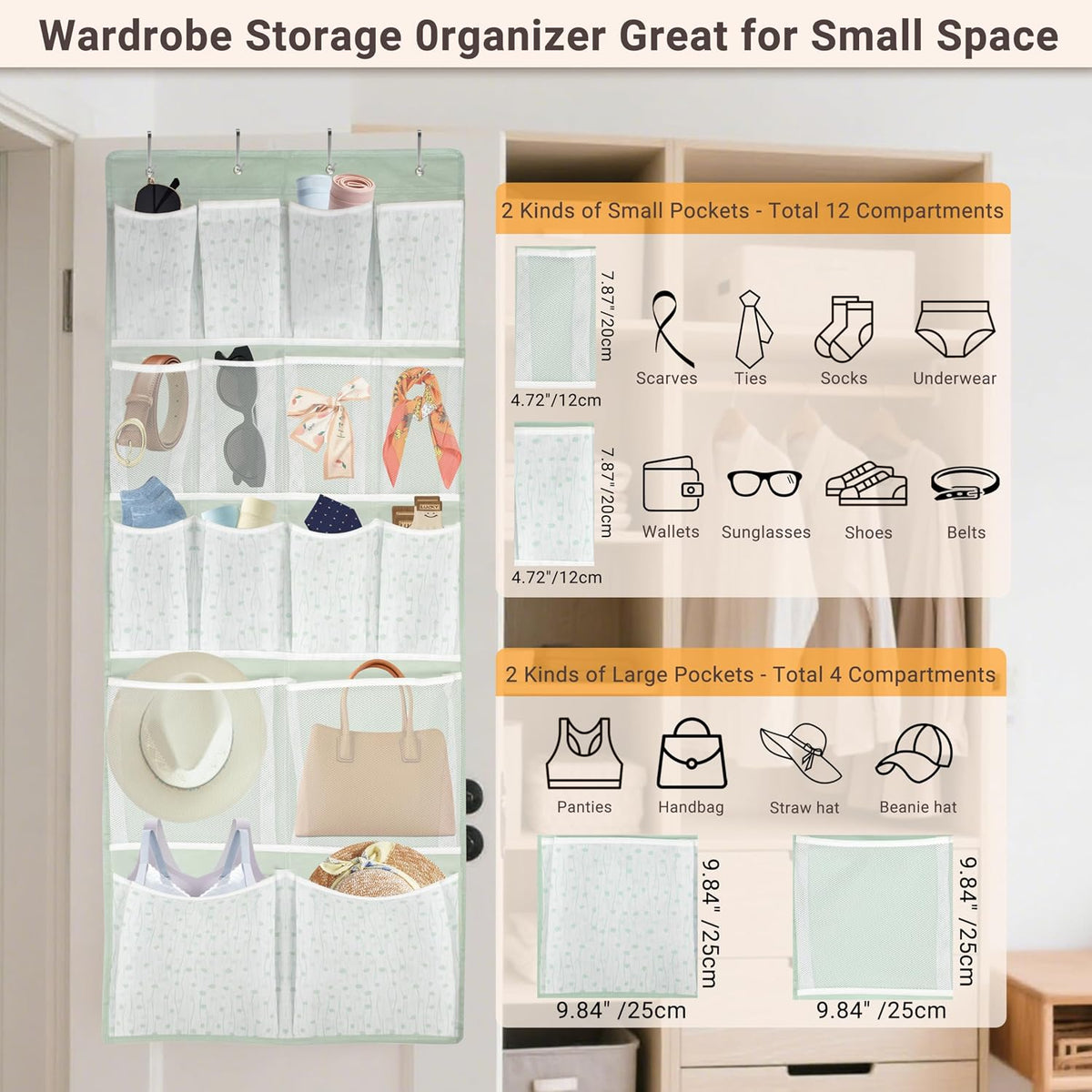 2 Pack-18 Pocekts Over the Door Shoes Organizer,Behind Door Hanging Storage Pocekt for Sock,Underwear,Hat,Handbag,Back of Door Hanging Shelf for Bedroom,Bathroom,Entryway,Storeroom,Pantry,Dorm,Nursery
