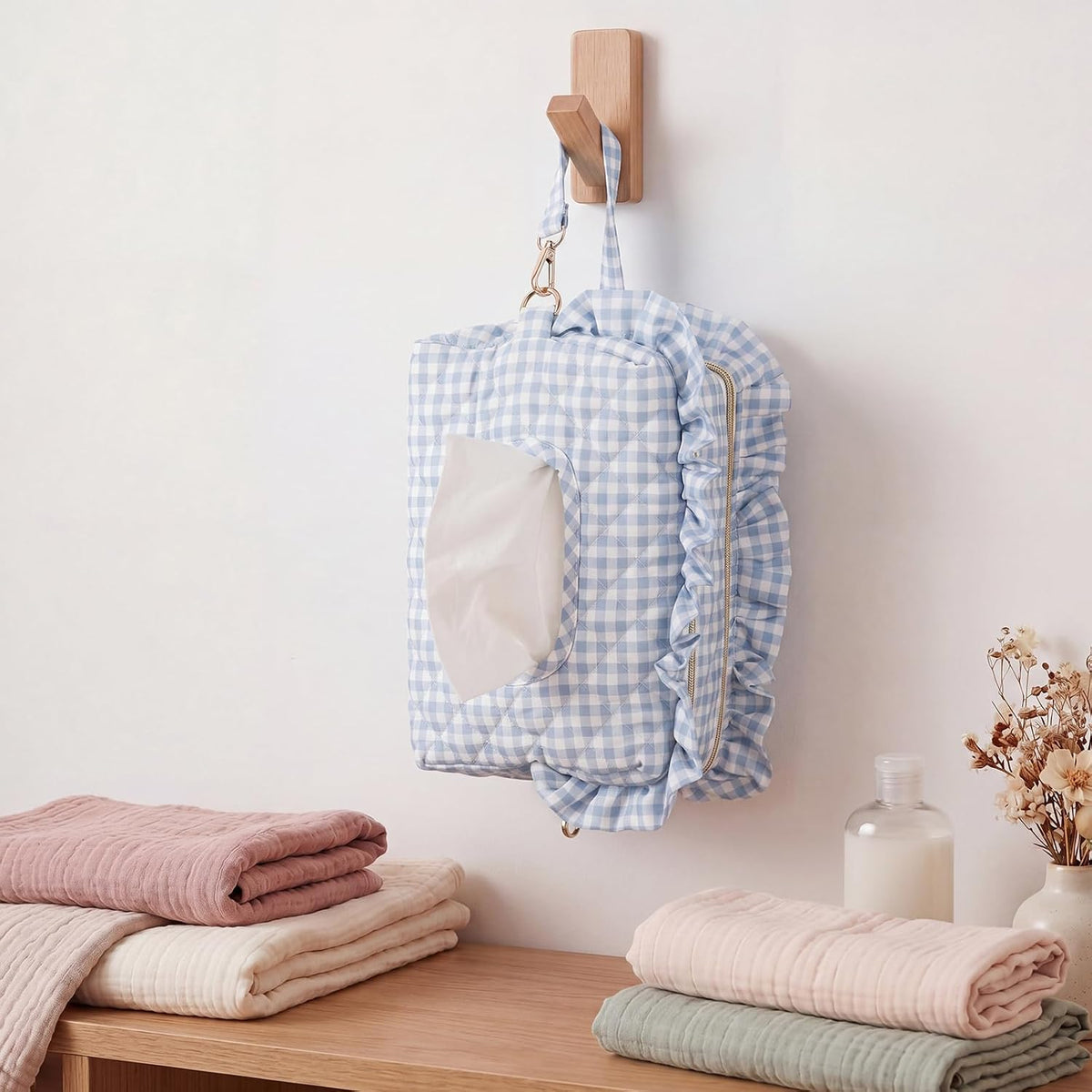 Pink Ruffle Bow Diaper and Wipe Pouch Quilted Baby Dispenser Holder Diaper and Tissue Bag Purse Portable Travel Hanging Wet Wipes Bag Diapering Clutch for Car Stroller