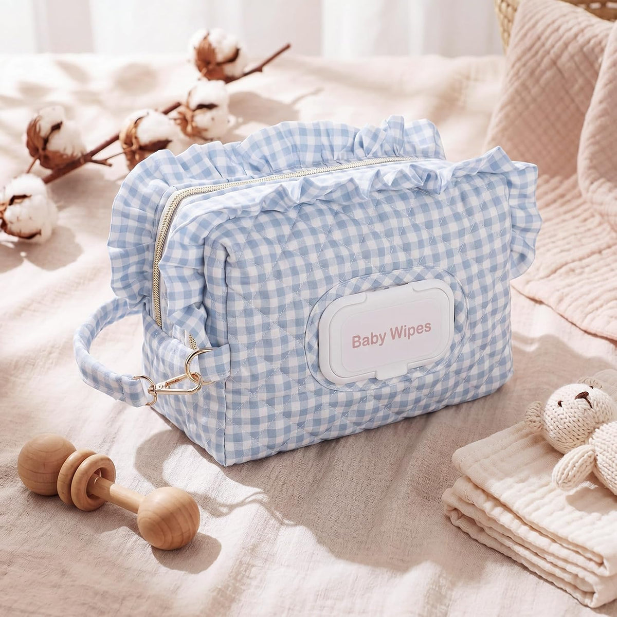 Pink Ruffle Bow Diaper and Wipe Pouch Quilted Baby Dispenser Holder Diaper and Tissue Bag Purse Portable Travel Hanging Wet Wipes Bag Diapering Clutch for Car Stroller