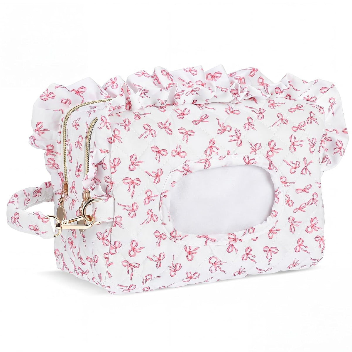 Pink Ruffle Bow Diaper and Wipe Pouch Quilted Baby Dispenser Holder Diaper and Tissue Bag Purse Portable Travel Hanging Wet Wipes Bag Diapering Clutch for Car Stroller