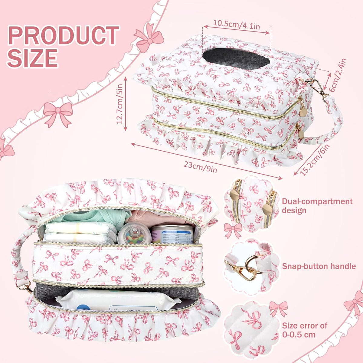 Pink Ruffle Bow Diaper and Wipe Pouch Quilted Baby Dispenser Holder Diaper and Tissue Bag Purse Portable Travel Hanging Wet Wipes Bag Diapering Clutch for Car Stroller