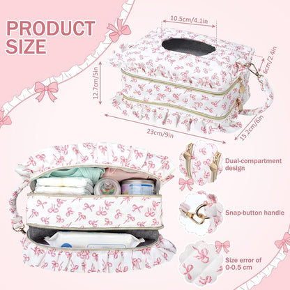 Pink Ruffle Bow Diaper and Wipe Pouch Quilted Baby Dispenser Holder Diaper and Tissue Bag Purse Portable Travel Hanging Wet Wipes Bag Diapering Clutch for Car Stroller