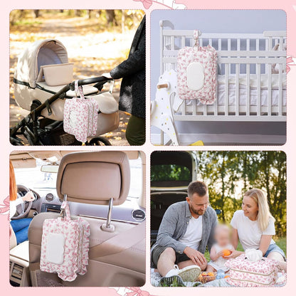 Pink Ruffle Bow Diaper and Wipe Pouch Quilted Baby Dispenser Holder Diaper and Tissue Bag Purse Portable Travel Hanging Wet Wipes Bag Diapering Clutch for Car Stroller