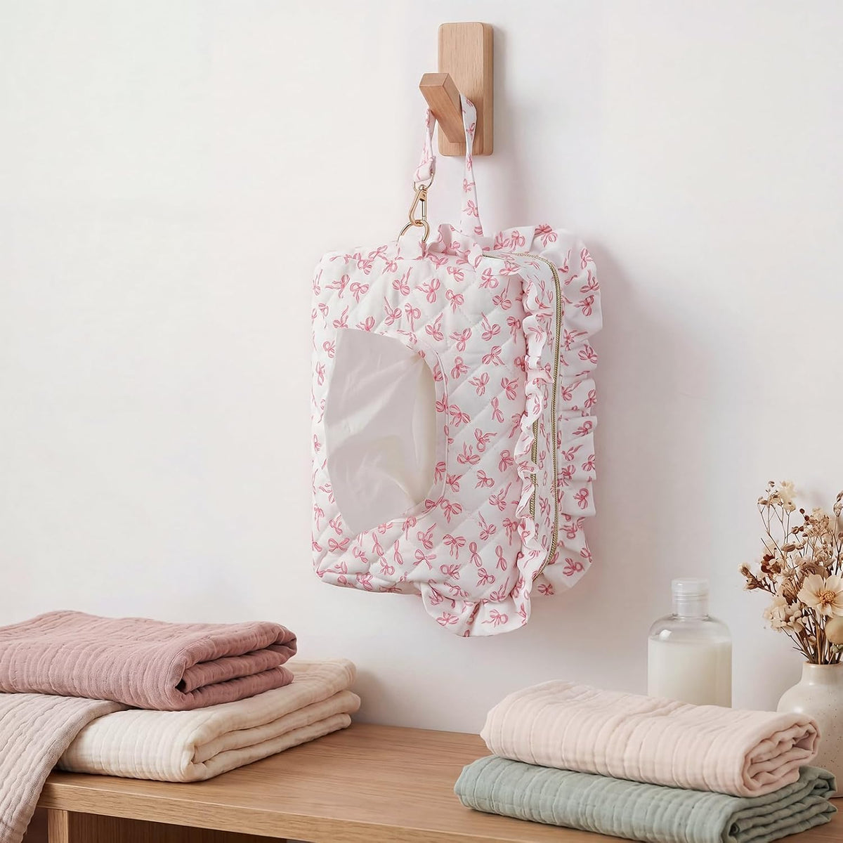 Pink Ruffle Bow Diaper and Wipe Pouch Quilted Baby Dispenser Holder Diaper and Tissue Bag Purse Portable Travel Hanging Wet Wipes Bag Diapering Clutch for Car Stroller