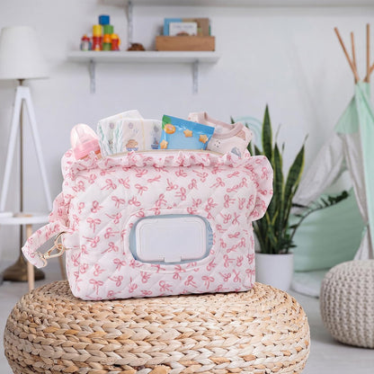Pink Ruffle Bow Diaper and Wipe Pouch Quilted Baby Dispenser Holder Diaper and Tissue Bag Purse Portable Travel Hanging Wet Wipes Bag Diapering Clutch for Car Stroller
