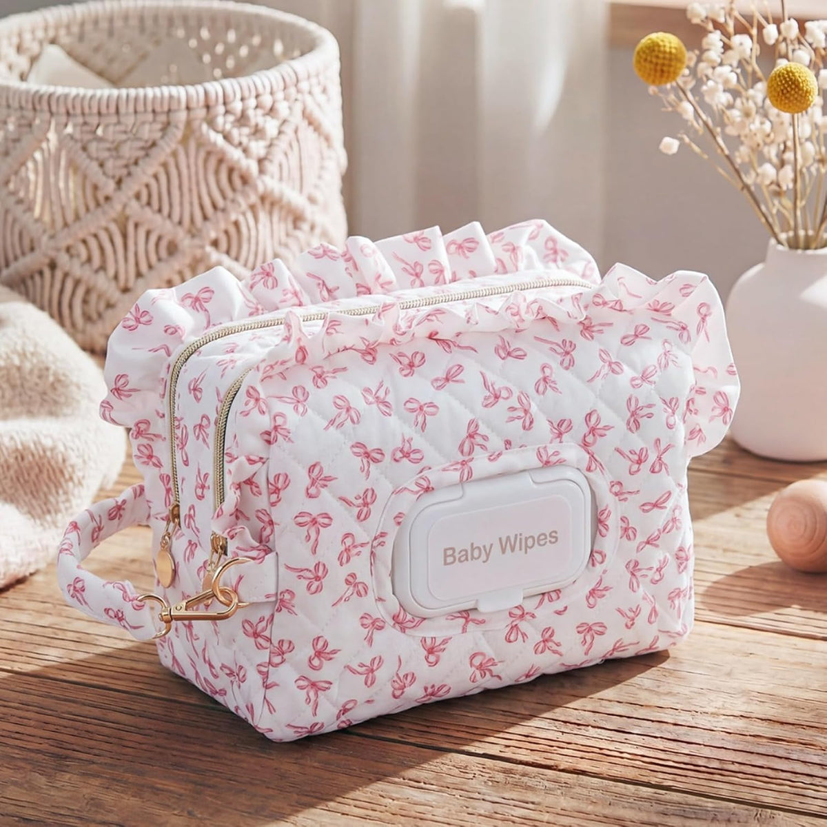 Pink Ruffle Bow Diaper and Wipe Pouch Quilted Baby Dispenser Holder Diaper and Tissue Bag Purse Portable Travel Hanging Wet Wipes Bag Diapering Clutch for Car Stroller