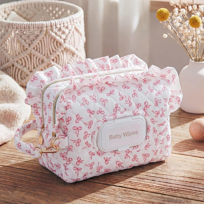 Pink Ruffle Bow Diaper and Wipe Pouch Quilted Baby Dispenser Holder Diaper and Tissue Bag Purse Portable Travel Hanging Wet Wipes Bag Diapering Clutch for Car Stroller