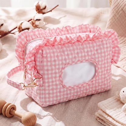 Pink Ruffle Bow Diaper and Wipe Pouch Quilted Baby Dispenser Holder Diaper and Tissue Bag Purse Portable Travel Hanging Wet Wipes Bag Diapering Clutch for Car Stroller