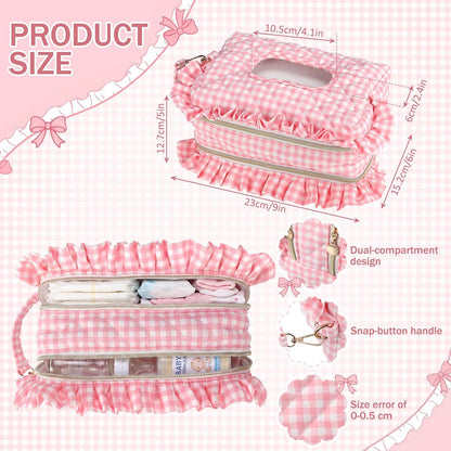 Pink Ruffle Bow Diaper and Wipe Pouch Quilted Baby Dispenser Holder Diaper and Tissue Bag Purse Portable Travel Hanging Wet Wipes Bag Diapering Clutch for Car Stroller