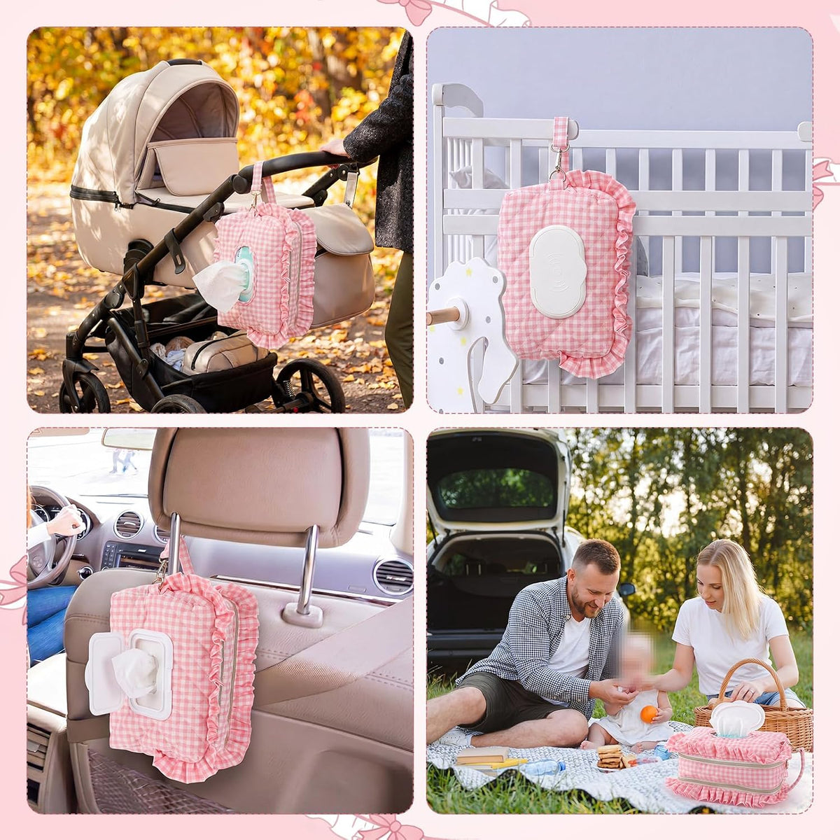 Pink Ruffle Bow Diaper and Wipe Pouch Quilted Baby Dispenser Holder Diaper and Tissue Bag Purse Portable Travel Hanging Wet Wipes Bag Diapering Clutch for Car Stroller