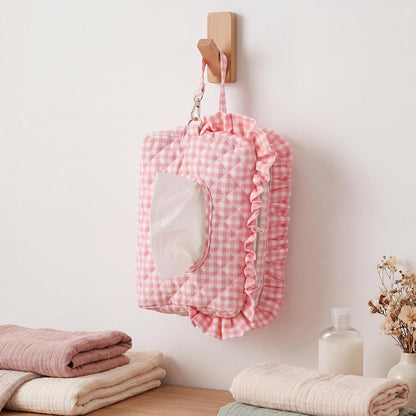 Pink Ruffle Bow Diaper and Wipe Pouch Quilted Baby Dispenser Holder Diaper and Tissue Bag Purse Portable Travel Hanging Wet Wipes Bag Diapering Clutch for Car Stroller