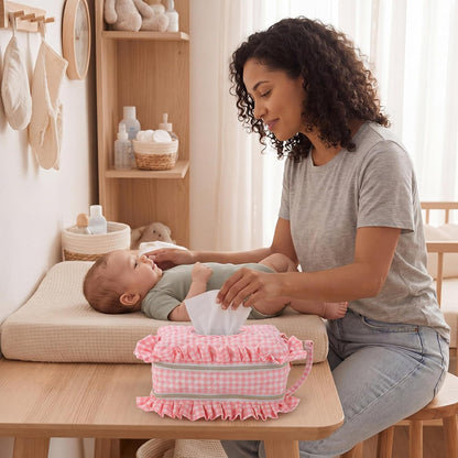 Pink Ruffle Bow Diaper and Wipe Pouch Quilted Baby Dispenser Holder Diaper and Tissue Bag Purse Portable Travel Hanging Wet Wipes Bag Diapering Clutch for Car Stroller
