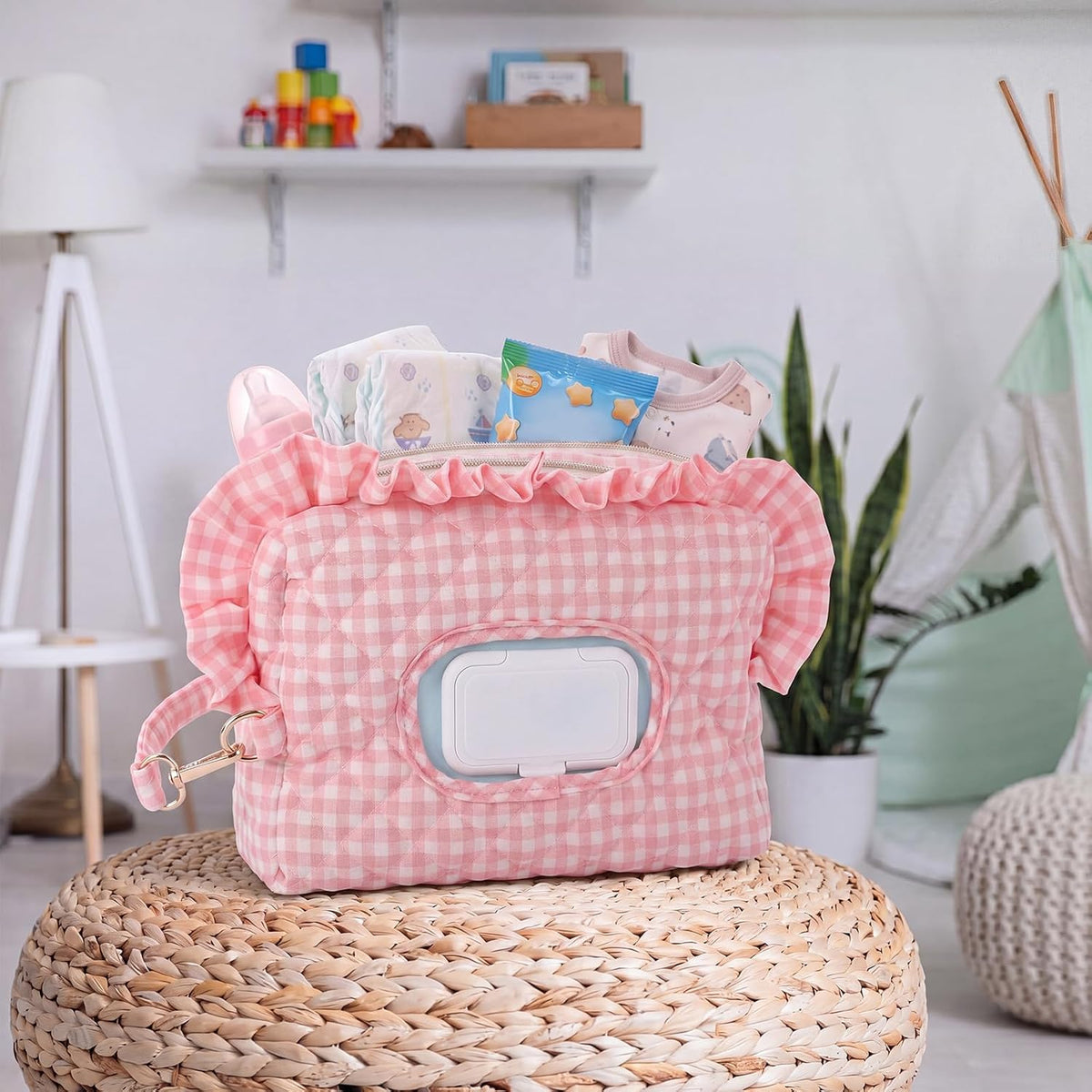 Pink Ruffle Bow Diaper and Wipe Pouch Quilted Baby Dispenser Holder Diaper and Tissue Bag Purse Portable Travel Hanging Wet Wipes Bag Diapering Clutch for Car Stroller